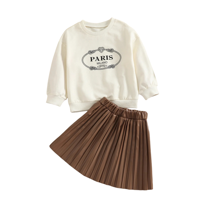 PARIS Letter Print Long-Sleeve Sweatshirt with Solid Pleated Leather Skirts sets