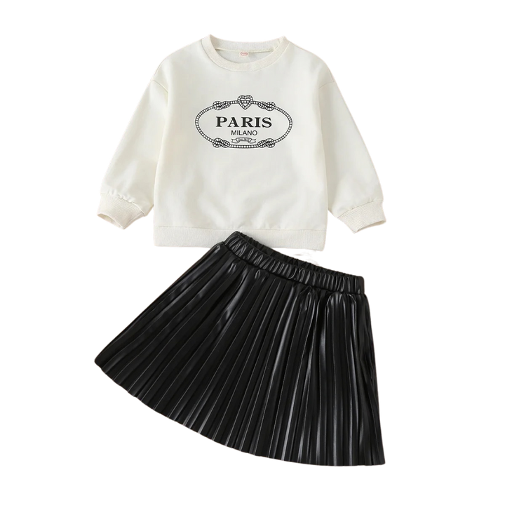 PARIS Letter Print Long-Sleeve Sweatshirt with Solid Pleated Leather Skirts sets