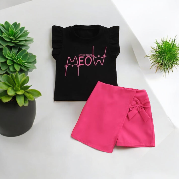 Meow Cartoon Printed Top with Bow Shorts