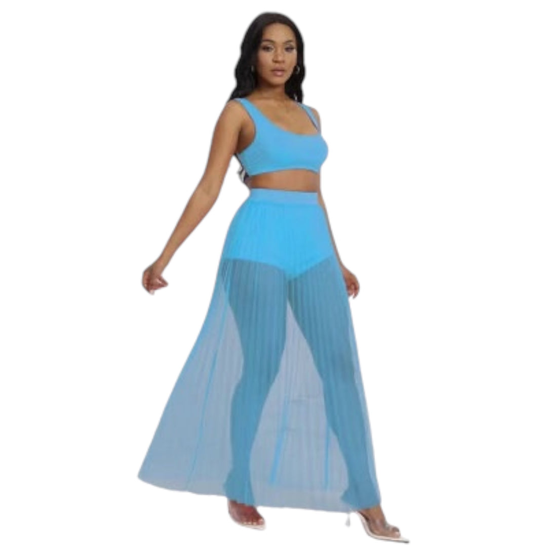 Channel Trendy Summer Crop Boys Shorts And Mesh Pleated Maxi Skirt Outfits for Women