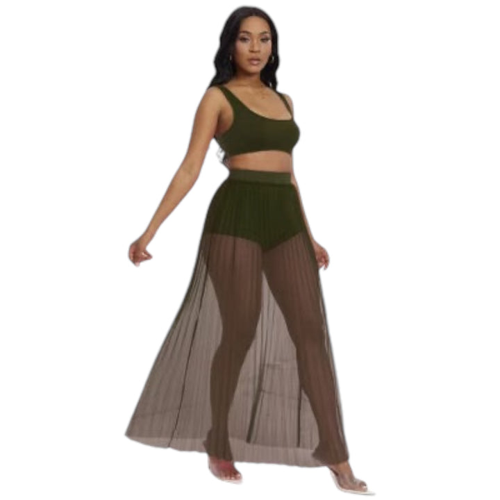 Channel Trendy Summer Crop Boys Shorts And Mesh Pleated Maxi Skirt Outfits for Women