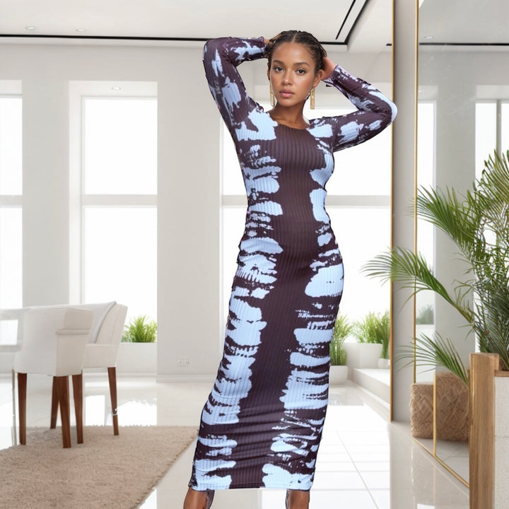 Body-con sexy Printed Strechable Elegant long-sleeve Dress Casual Fabric Formal Outfit